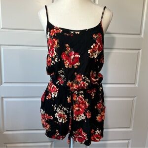 Floral Romper Black Red Sleeveless Summer Jumpsuit Beach Casual Size Large
